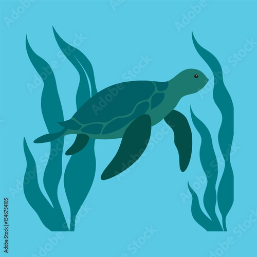 Sea Turtle Swimming In Kelp Forest Vector