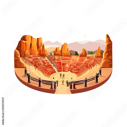 Illustration of a desert amphitheater nestled amongst red rock formations and sparse green vegetation.