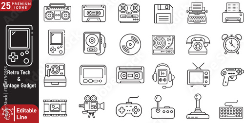 25 Monoline Vector Icons of Retro Tech and Vintage Gadgets – Minimal Line Art of Classic Devices like Floppy Disks, Joysticks, Typewriters, Old Phones, and 80s–90s Tech for UI, Merch, and Stock D