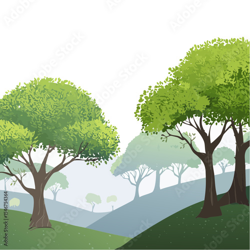 Lush Green Forest Landscape with Rolling Hills and Mist