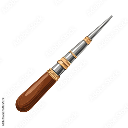 Detailed illustration of a vintage awl with a wooden handle.