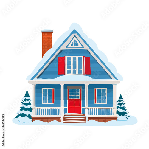 Blue House with Red Shutters and Snow-Covered Roof Vector Illustration