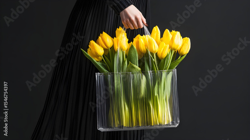 Elegant Woman Holding Transparent Bag with Yellow Tulips

