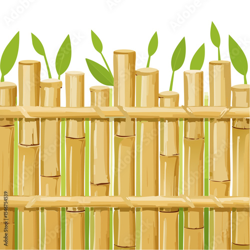 Hand-Drawn Bamboo Fence with Green Leaves Illustration