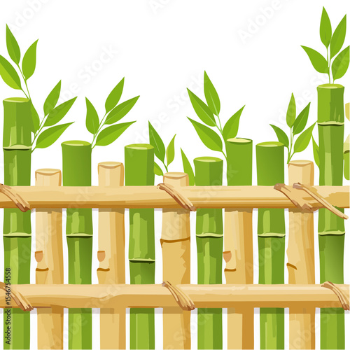 Bamboo Fence with Leaves - Decorative Asian Style Vector Illustration