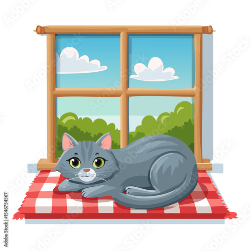 Cute Cat Laying on a Red and White Checkered Blanket in front of a Window