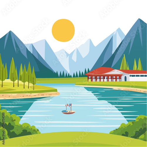 Mountain Lake Landscape with Temple, Boat, and Sunny Day