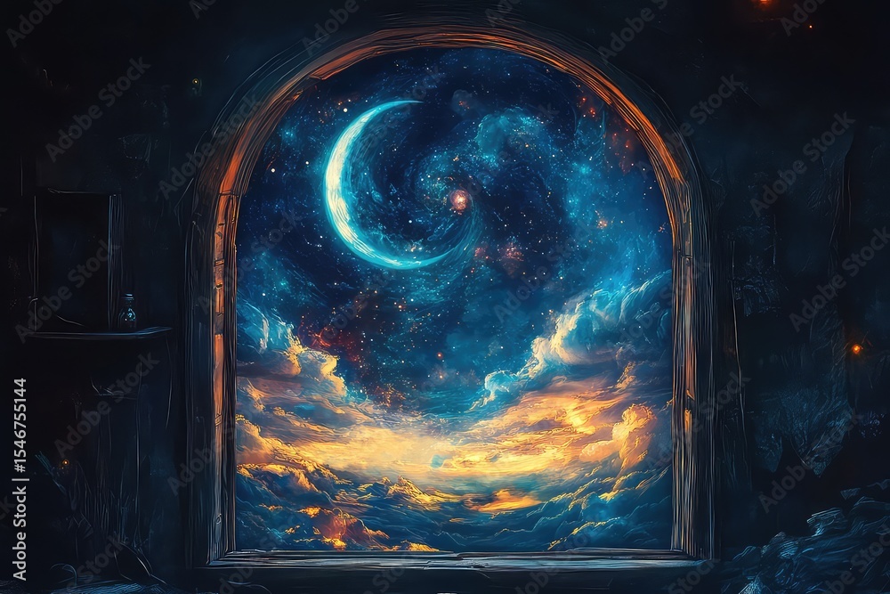 Fototapeta premium A mystical window with a view of a distant galaxy, featuring a crescent moon and swirling cosmic colors