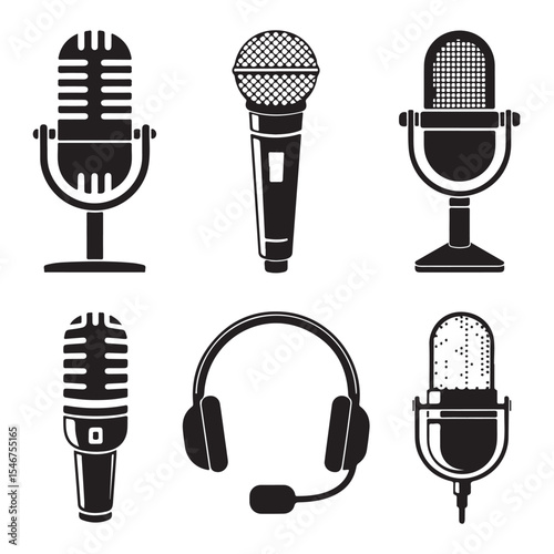 Microphone and Headphone Combo Silhouettes Art Audio Icons