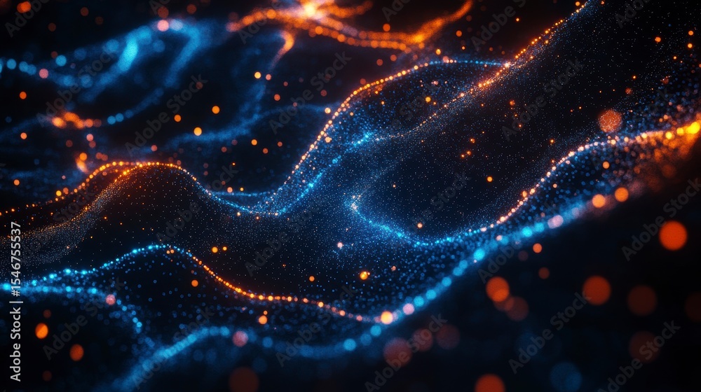 Fototapeta premium Abstract blue and orange glowing particle waves on dark background.