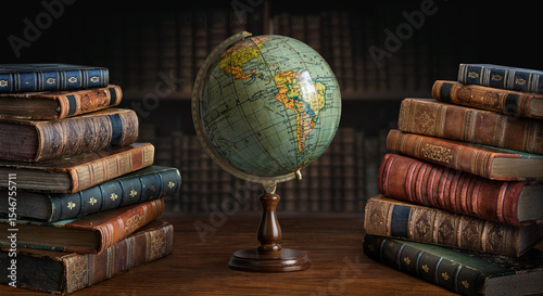 Old geographical globe and old book in cabinet with bookselfs. Science, education, travel background. History and geography team. Ancience, antique globe on the background of books.