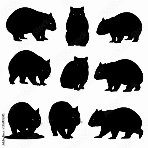 Wombat silhouettes set, standing and walking