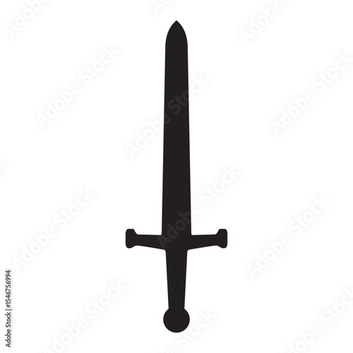Black silhouette vector of a medieval sword with a straight blade and classic hilt design. Suitable for icons, game elements, historical themes, or fantasy related graphics.