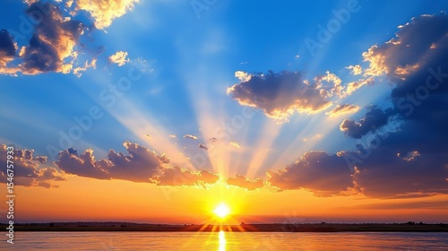 Golden Hour Sunset Cloudscape over Water, sun rays, landscape Sunset, Clouds