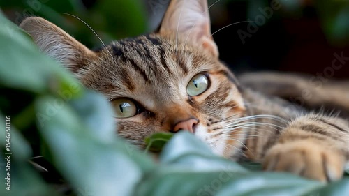Cat Among the Plants: A charming tabby cat with captivating green eyes rests peacefully amidst lush green foliage, creating a serene and enchanting scene.