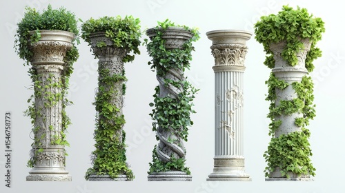 Stone Columns with Vines, 3D Render, Garden Decor, Architectural Design, Classical Pillars Garden Design, Botanical Architecture