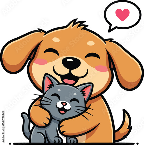 Adorable cartoon dog and cat embracing affectionately vector illustration