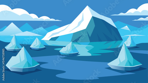 Stylized illustration of an arctic landscape with icebergs and mountains in a blue palette