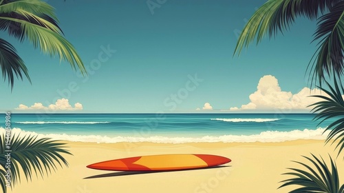 Tropical Beach Surfboard Scene Palm Trees, Ocean Waves, Summer Vacation, Beach Art Summer, Vacation