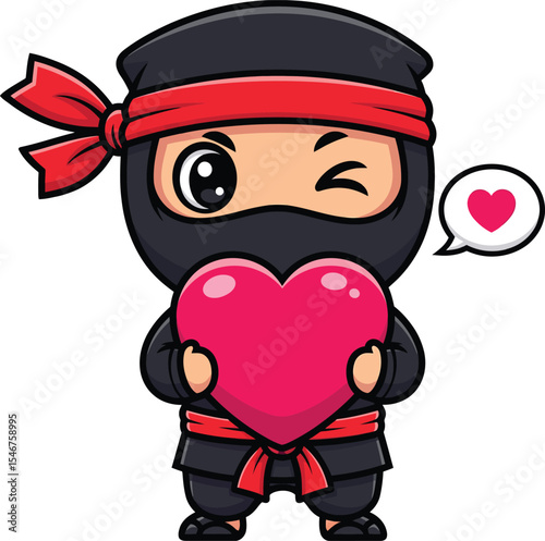 Adorable cartoon ninja character holding a heart with a winking expression vector illustration