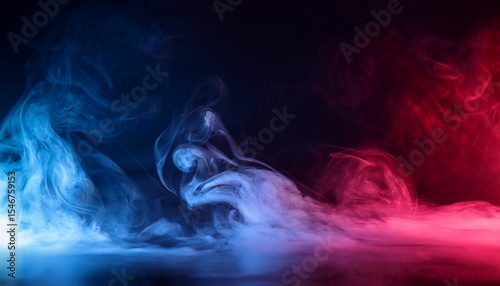 foggy smoke in red blue neon light creating dynamic cinematic effect on dark black background