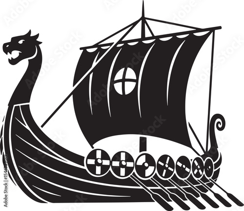Black Silhouette Vector Design of a Viking Longship with Dragon Head Prow, Shields, and Sail – Norse Ship Illustration for Historical and Cultural Artwork
