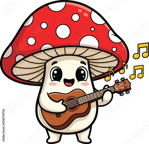 Adorable cartoon mushroom character playing acoustic guitar vector illustration