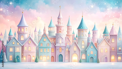 Pastel-hued fairytale town at twilight, snow-covered rooftops and glowing windows, nestled amongst pastel castles under a starry sky
