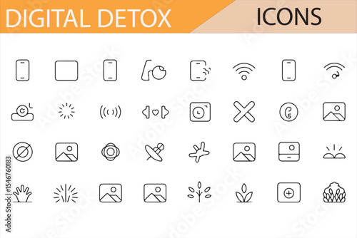 Set of Digital Detox Icons for Wellness and Health Projects