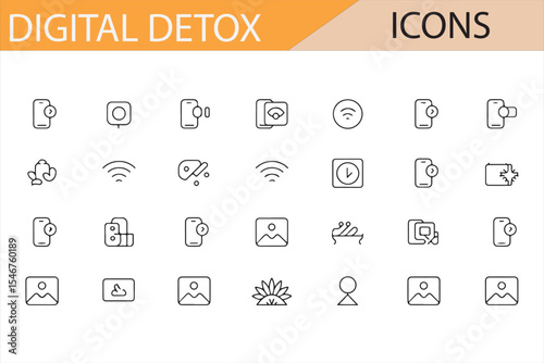 A set of vector icons representing digital detox concepts including phone distractions, airplane mode, , relaxation, nature, and screen-free activities, ideal for wellness, health, and digital