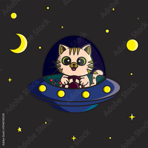 Cute Cat in a Spaceship – Cartoon Style Space Illustration