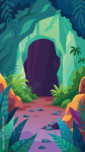 Tropical jungle cave entrance vector illustration with lush foliage and lush landscapes