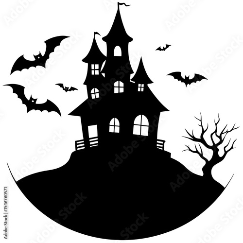Haunted house on a hill with full moon and bats