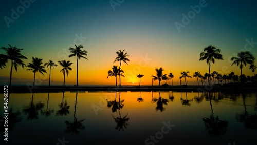Tropical sunset palm trees silhouette reflected in calm water free beach background