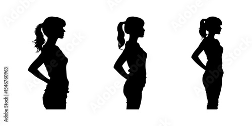 Side Profile Of Standing Women Silhouette Icon Set. Female Posture And Body Language Symbol Collection. Fashion And Lifestyle Visuals. Isolated Vector Illustration