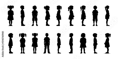 Children In Side View Silhouette Icon Set. Growth And Development Observation Symbol Collection. Educational And Parenting Visuals. Isolated Vector Illustration
