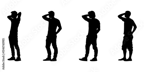 Silhouetted Male Figures In Various Poses Icon Set. Casual Standing And Thinking Posture Symbol Collection. Body Language And Gesture Reference For Designers. Isolated Vector Illustration