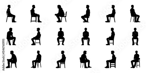 Seated Men Silhouette Icon Set. Sitting Posture And Body Language Symbol Collection. Ergonomic And Office Seating Reference. Isolated Vector Illustration