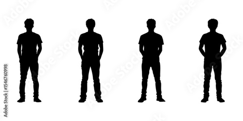 Standing Male Silhouettes In Solid Icon Set. Casual Posture And Body Language Symbol Collection. Design And Animation Reference. Isolated Vector Illustration