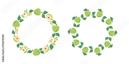 Apples, whole and halves of fruit. Banner, set of round frames. Garden harvest. Illustrations for menu design, bar, cafe, recipes, restaurant. Place for text, white isolated background.