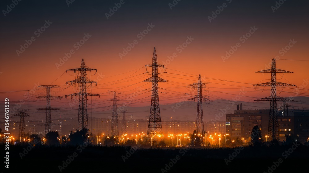 Fototapeta premium Glowing power lines against a deep blue sky, abstract energy infrastructure with dramatic contrast lighting, symbolizing modern urban vitality.