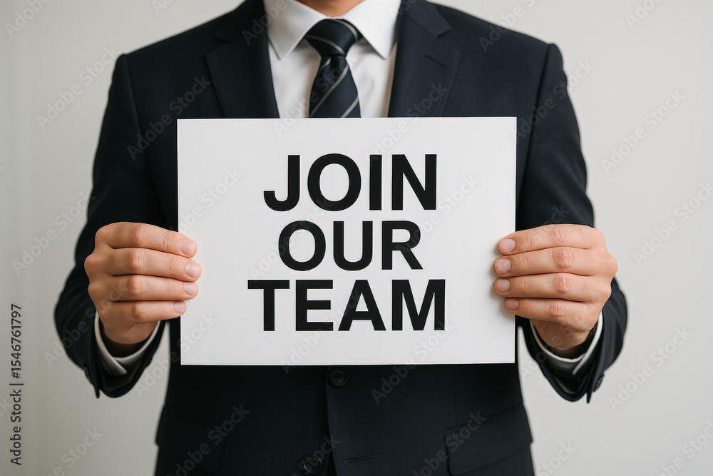 Person in Business Suit Holding “JOIN OUR TEAM” Sign – Recruitment and Career Opportunities Person in Business Suit Holding “JOIN OUR TEAM” Sign – Recruitment and Career Opportunities