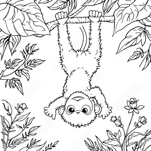 Monkey Hanging Upside Down in Jungle Leaves Line Art Coloring Page