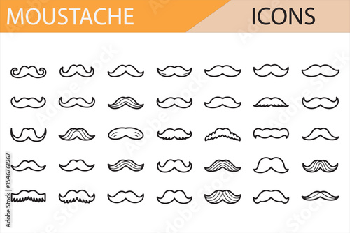 Set of vector icons featuring various styles of mustaches, designed in minimalist line art, perfect for beard and grooming, fashion, and illustration-related projects.