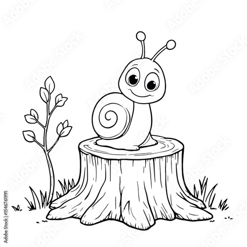Snail on a Tree Stump Coloring Page Line Art Illustration Vector