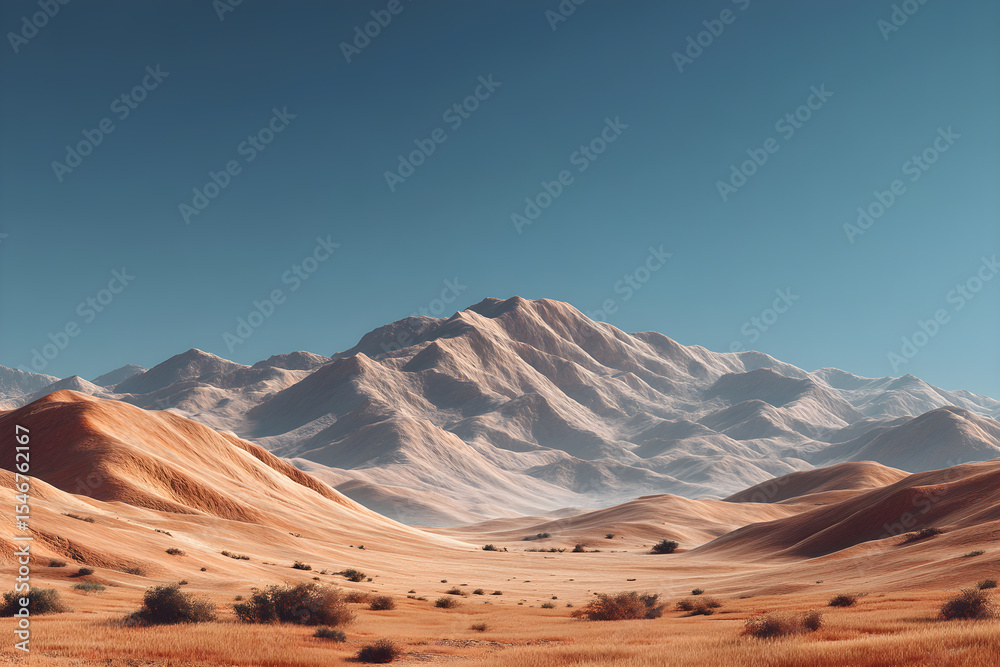 Naklejka premium Vast desert landscape with rolling sandy hills and distant rugged mountains under a clear sky, high resolution photo