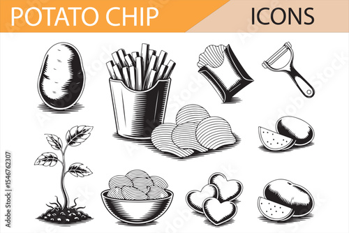 Line Art Icons of Potato Chips, Snack Pack, and Can