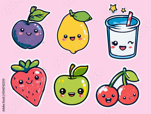Kawaii-style vector illustration featuring cute fruits (plum, lemon, strawberry, apple, cherries) and a drink.