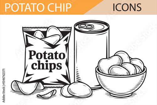 Set of Potato Chip Icons for Food and Snack Projects

