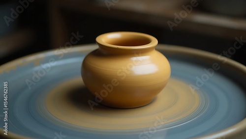 Small yellow clay pot on pottery wheel